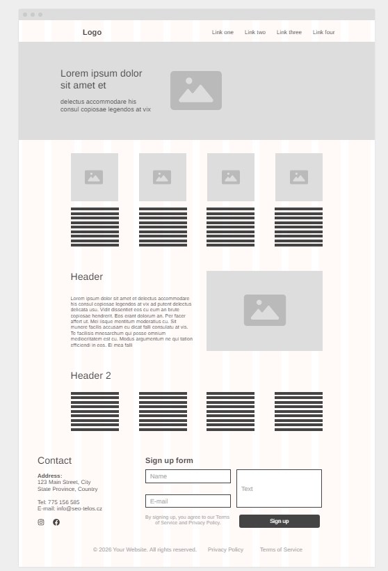 Wireframe struktury jednostránkového webu